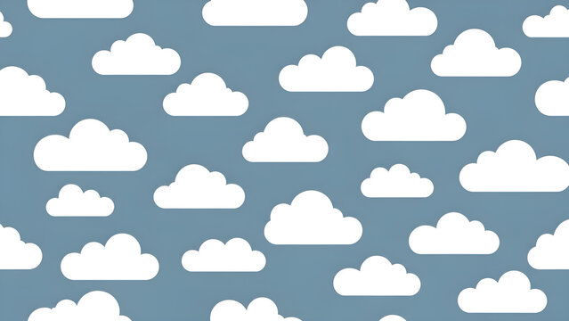 The image shows a seamless pattern of white clouds on a blue background, perfect for design and decoration, featuring various cloud shapes and sizes in a repeating layout.