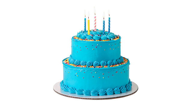 Birthday cake decorated with blue icing and candles isolated on transparent background cut out