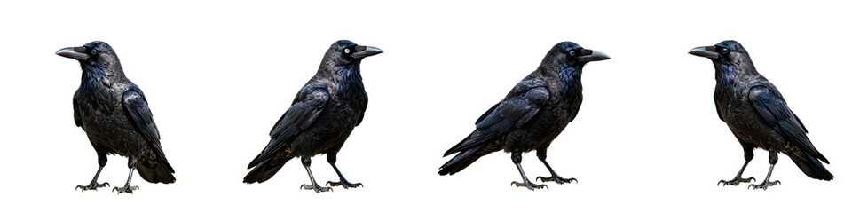 Obraz premium Four black ravens are standing in a row on a black background