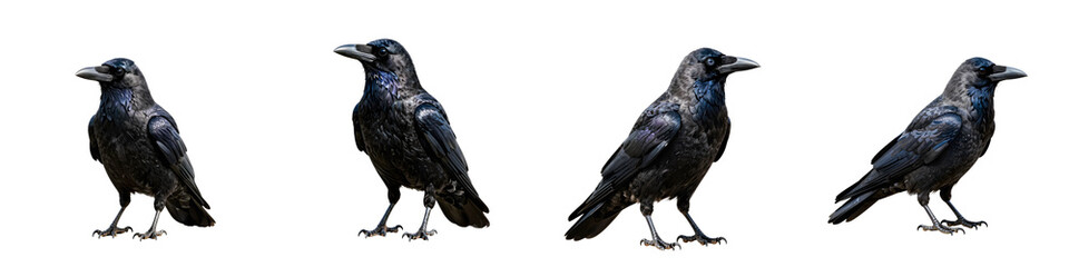 Obraz premium Four common ravens stand perched against a black background in dark moody lighting