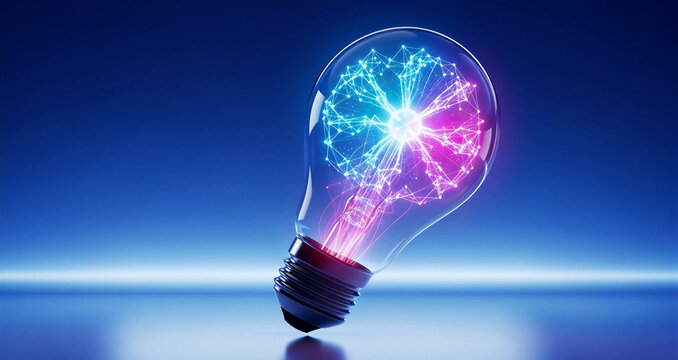 Abstract light bulb concept showing electric innovation with blue network glowing filaments.