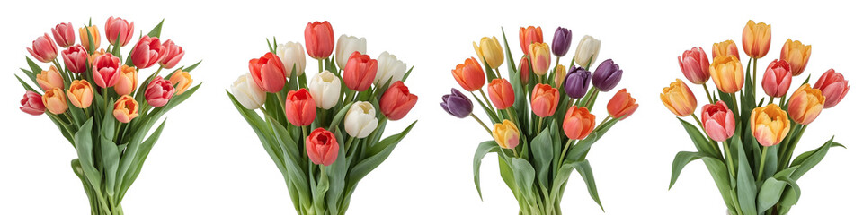 Obraz premium Various tulip arrangements in different colors are isolated against a black backdrop