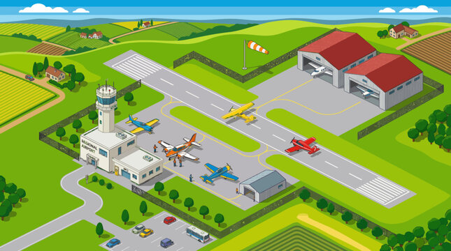 Small airport with various airplanes control tower and hangars.