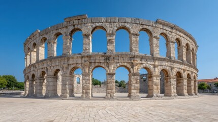 Obraz premium Stunning View of Ancient Roman Coliseum Ruins Against a Clear Blue Sky Captured in High-Resolution for Architectural and Historical Appreciation