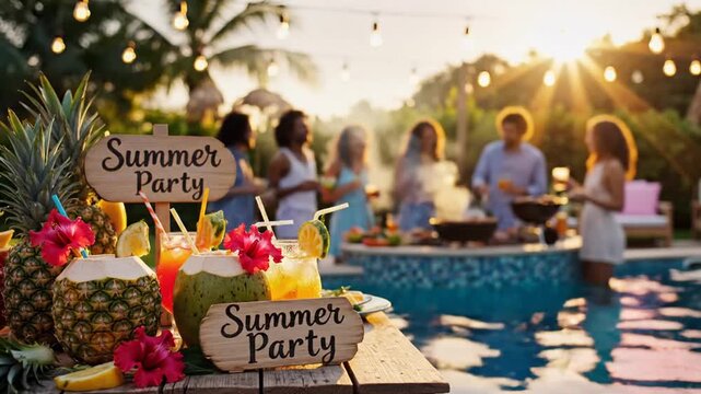 Vibrant summer poolside party scene with tropical fruits and sunset lighting
