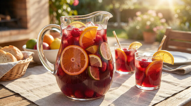 Refreshing fruit punch in pitcher with glasses on outdoor table  