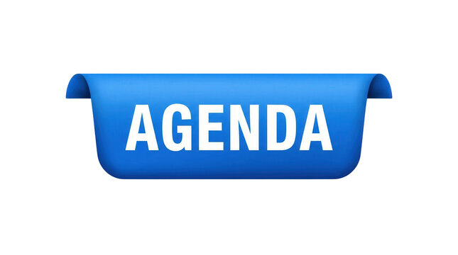 A glossy three dimensional blue ribbon banner displays the word AGENDA in white capital letters isolated on transparent background