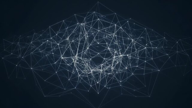 Abstract digital network of glowing nodes and lines on a dark background, representing data connections and technology.