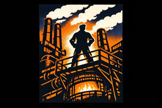 Silhouette of a worker standing proudly above an industrial factory with smoking chimneys