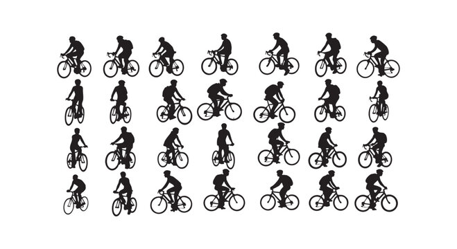 Cyclists silhouettes male female riding bicycles in rows isolated on white background vector illustration.