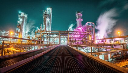 Obraz premium Industrial chemical plant illuminated at night with steam rising from towers