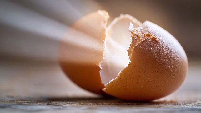 Brown eggshell cracked open with light rays emanating from inside, resting on a wooden surface, highlighting the texture and details of the shell and interior