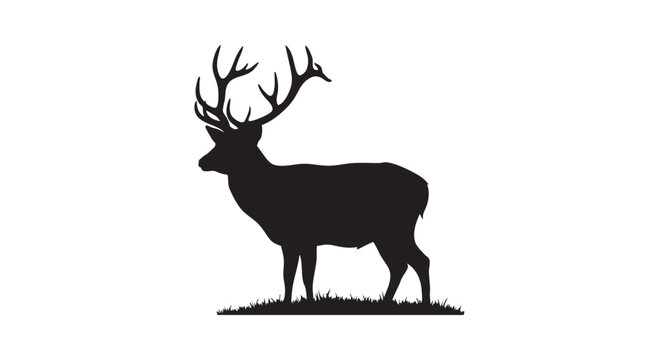 Deer silhouette standing on grass with large antlers in wild nature landscape profile view isolated on white background.