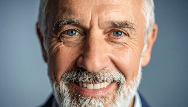 Close-up of a smiling older man with blue eyes, white beard, and gray hair, against a blurry, light-blue background