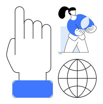 Environmental sustainability, global connectivity, user interaction, eco-conscious innovation, environmental responsibility, digital solutions. Hand pointing up, woman holding a leaf, globe icon