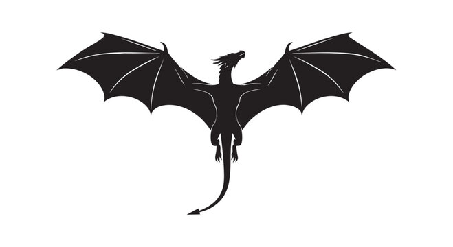 Majestic dragon in flight, silhouetted against white, with large wings spread, representing fantasy and power.