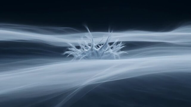Abstract icy formation with swirling mist and dark background.