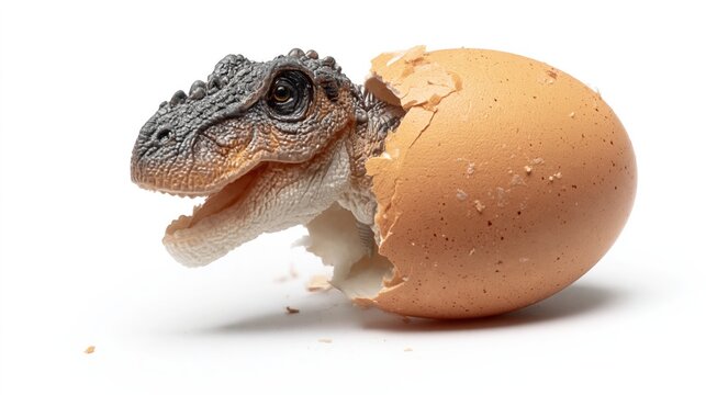 Dinosaur hatchling emerging from a cracked egg, showcasing detailed textures of the reptilian head and the broken eggshell on a white background