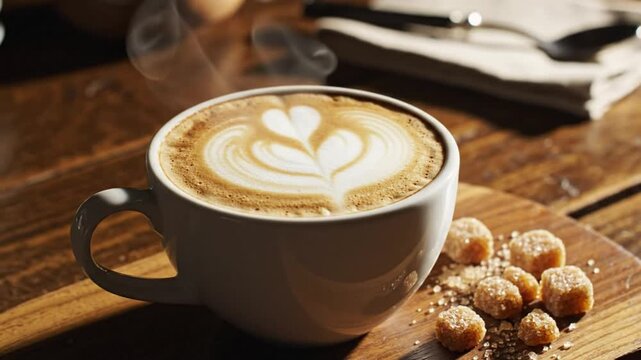 Steaming cappuccino with latte art and brown sugar cubes on a wooden serving board for a warm breakfast mood