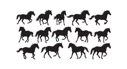 Fototapeta premium Multiple horses in silhouette running at speed across a white background, showing motion and freedom.