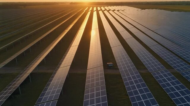 Expansive solar panel farm at sunset, capturing renewable energy from the sun's rays in a vast field