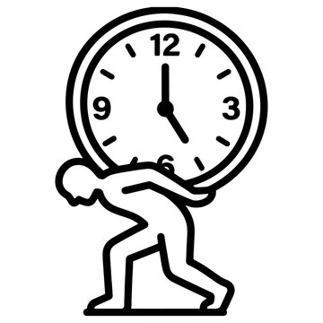 Man Struggling Under Heavy Clock Weight - Time Burden Deadline Pressure Overworked Stress Concept Outline Vector Icon