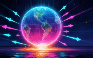Obraz premium Vibrant neon globe with glowing arrows radiating outward reflecting