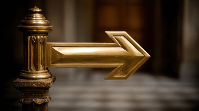 Polished Brass Directional Arrow Sign Pointing Right, Embossed Design on Ornate Post