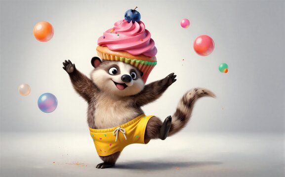 Cute raccoon joyfully juggling colorful balls with a giant cupcake on