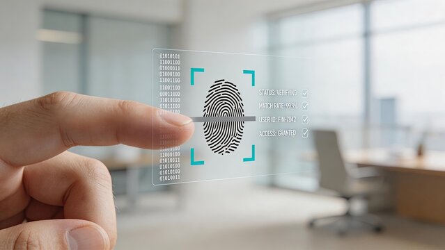 Future biometric security system concept futuristic holographic interface displaying fingerprint scanning process for verification user authentication technology in modern office