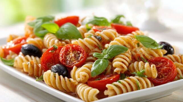 A delectable plate of colorful fusilli pasta salad with fresh basil and juicy tomatoes, bursting with Italian flavors and garden freshness.