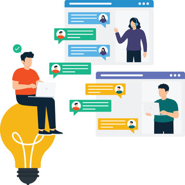 Digital communication concept showing customer service online support and creative idea generation with remote working video conference chat bubbles and laptop computer