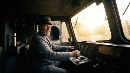 Fototapeta premium Experienced Train Engineer Operating Locomotive with Focus and Determination.
