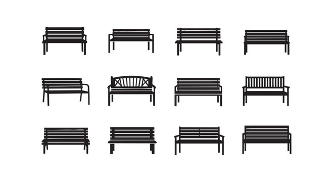 Park bench silhouette collection, outdoor seating elements, various public garden benches, street furniture, decor.