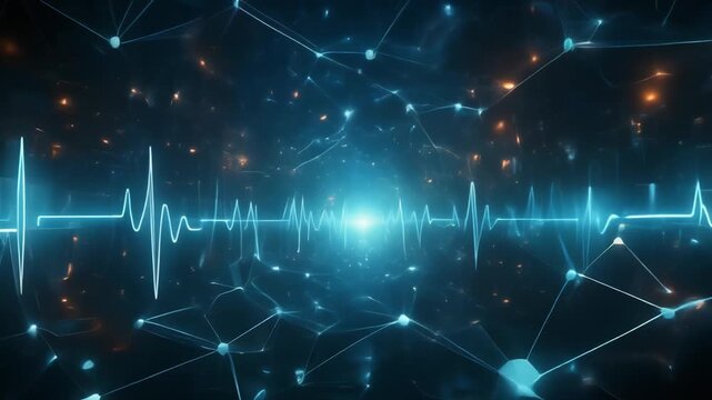 Abstract Digital Network with Pulsing Heartbeat Waveform Amidst Interconnected Data Points, Representing Advanced Medical Technology and Future Scientific Innovation