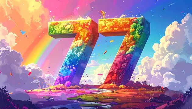 A vibrant digital artwork shows the number "77" crafted from rainbow-colored textures, set against a dreamy, cloud-filled, and rainbow-lit sky