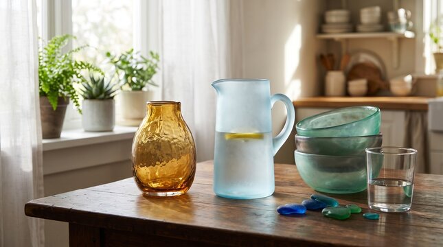 Glassware and vases on wooden table with pitcher of water and sea glass