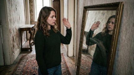Fototapeta premium Young woman standing in front of a mirror with her hand raised in a defensive or cautious posture in an old room with a worn look