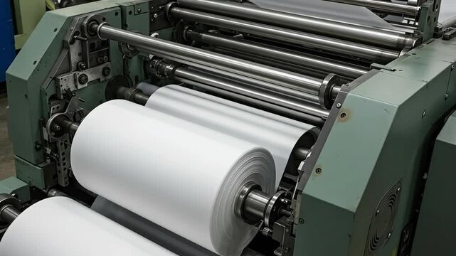 Close-up of industrial manufacturing machine with large rolls of white material.