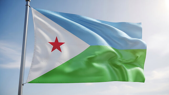 Waving national flag of djibouti with red star in white triangle on a bright