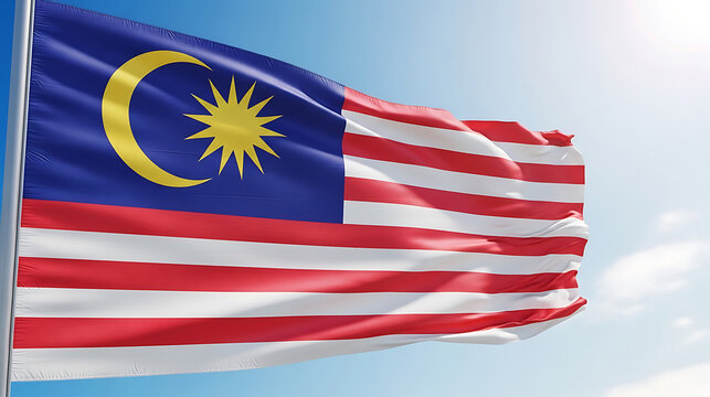 Waving malaysian flag jalur gemilang crescent moon and 14-point star