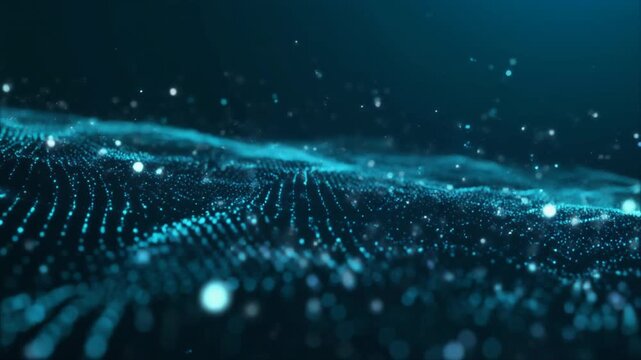 Abstract Digital Wave of Glowing Blue Particles Flowing Through Darkness With Depth of Field Effect, Representing Technology and Connectivity