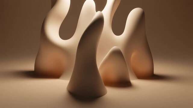 Abstract forms inspired by fluid dynamics and organic shapes, rendered in a soft, warm color palette with subtle lighting