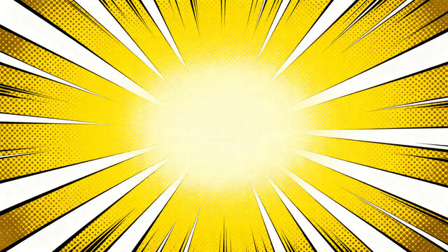 Vibrant comic book style burst background with dynamic yellow and white rays and halftone effects, perfect for adding an energetic pop art feel to any design project requiring a powerful visual impact