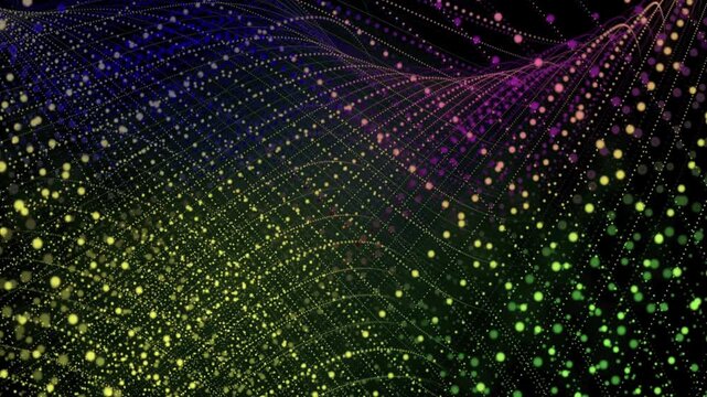 Colorful particle strings in shades of purple yellow and green forming a flowing mesh grid of tiny dots that undulate and shift in a vibrant abstract digital animation.