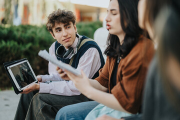 Fototapeta premium A group of college students studying together while sharing a tablet and papers. The young adults have a casual discussion on campus during an outdoor study session.
