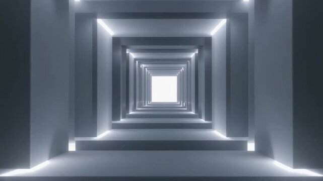 Illuminated architectural corridor with receding perspectives and a bright, ethereal glow at the end of the tunnel
