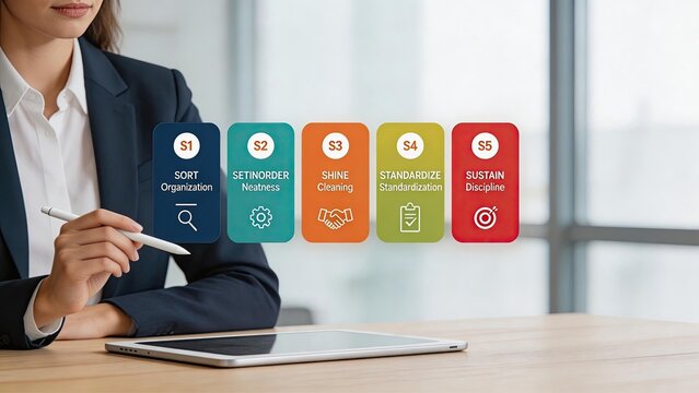 Business woman holding tablet in office presenting 5S methodology Sort Set In Order Shine Standardize Sustain infographic for management improvement