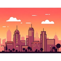 Obraz premium A flat-design urban skyline at sunset, featuring silhouettes of buildings, trees, streetlights, and clouds against an orange sky