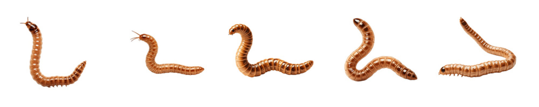 High-Resolution Isolated Image of Mealworms: Five Different Poses of Brown Tenebrio Molitor Larvae on a Clean White Background, Ideal for Entomology and Biological Study.
